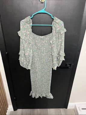Petal & Pup Sage Green Floral Smocked Midi Dress